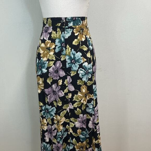 Sag Harbor Skirt size Extra Large Long Black Blue Purple Floral Button Front - Picture 2 of 11